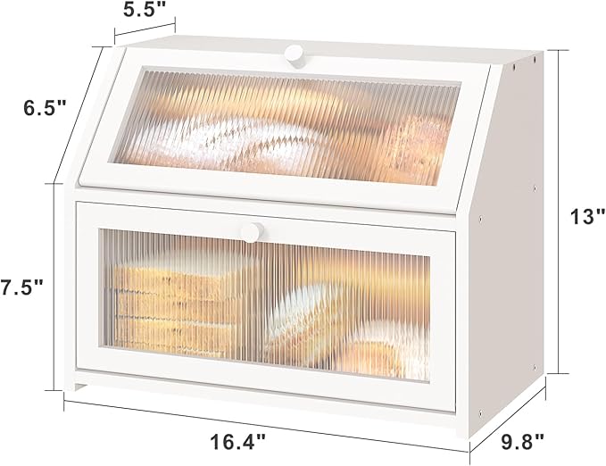 White Bread Box for Kitchen Counter, Large Bamboo Wood Double Layer Bread Box, Wooden Bread Storage Capacity