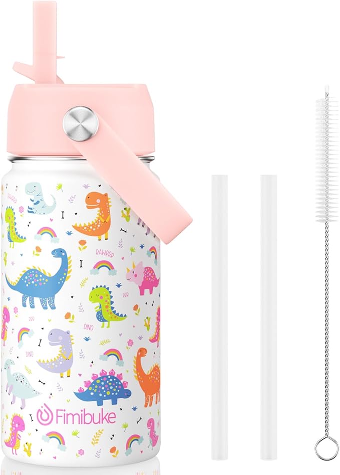 Fimibuke Kids Insulated Water Bottle, 14oz BPA FREE 18/8 Stainless Steel Travel Tumbler Double Wall Vacuum Leak Proof Kids Cup with Straw Metal Bottle for School Boys Girls(1 Pack, WHITE DINOSAUR)