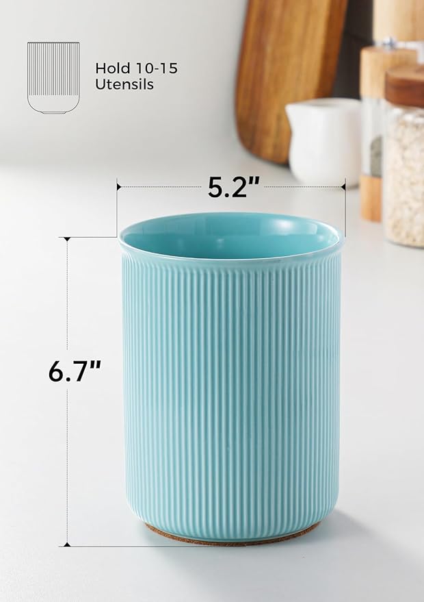 LoeJan Utensil Holder, Extra Large Utensil Crock, Stable Ceramic Utensil Organizer, Cooking Tool Organizer Set for Kitchen Counter Farmhouse Décor, Turquoise