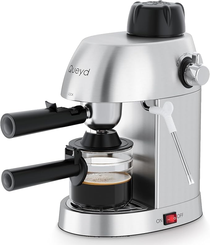 Queyd 3.5 Bar 4 Cup Espresso Cappuccino Machine, Stainless Steel Espresso Machine, Compact Expresso Machines for Home, Latte and Cappuccino Machine with Milk Frother, Dual Safety Switches, 800W