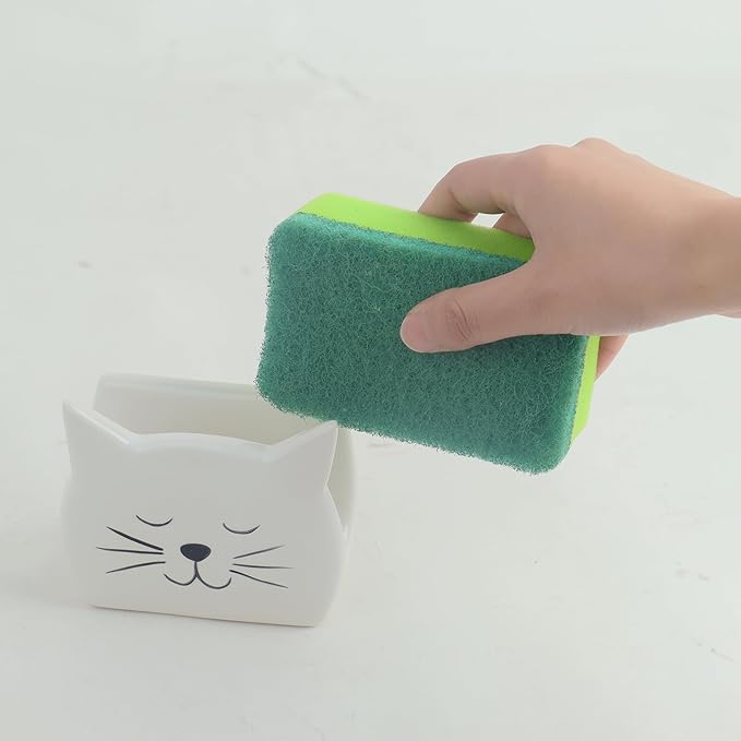 Sponge Holder for Countertop 2PCS Ceramic Sponge Caddy Cat Shape Cute Scrub Brush Dish Wand Holder for Kitchen Sink Decor Cute Kitchen Storage Accessories Ideal Gifts for Women(Black White)