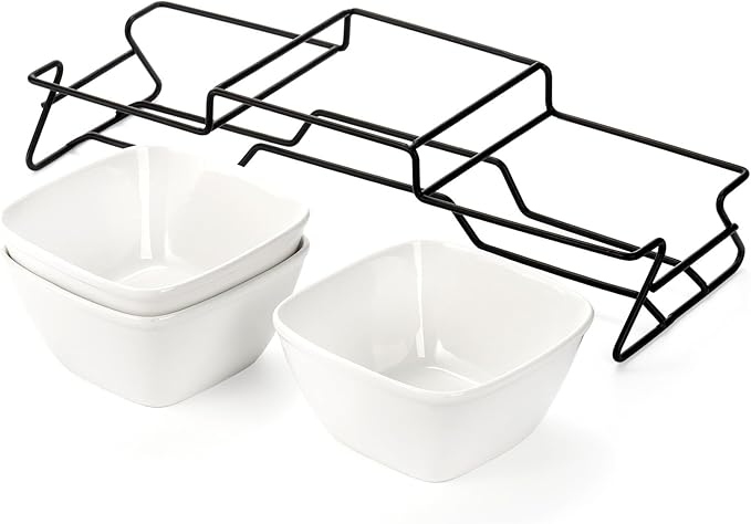 ZENFUN 10 oz Square Bowl Chip & Dip Serving Set, Pocelain Ramekin Bowls with Metal Rack Stand, White Small Serving Dishes, Condiment Serving Tray for Entertaining, Party, Buffets, Christmas
