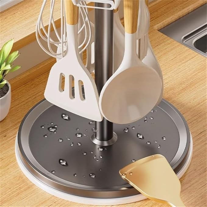 Organizer Rack Rotatable Utensil Holder, With 8 Hooks And 360 Degree Rotation For Kitchen Countertop, Space Saving Organizer For Cooking Tools(Grey)