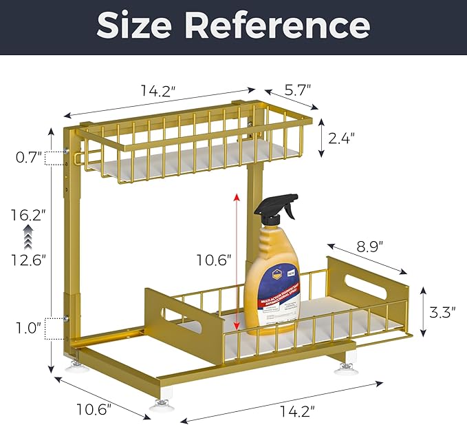 L-Shaped Under Sink Organizer, 2-Tier Pull Out Metal Kitchen Cabinet Organizer with Sliding Storage Drawer, Height Adjustable Heavy Duty Under Bathroom Sink Storage for Cleaning Supplies 1 Pack