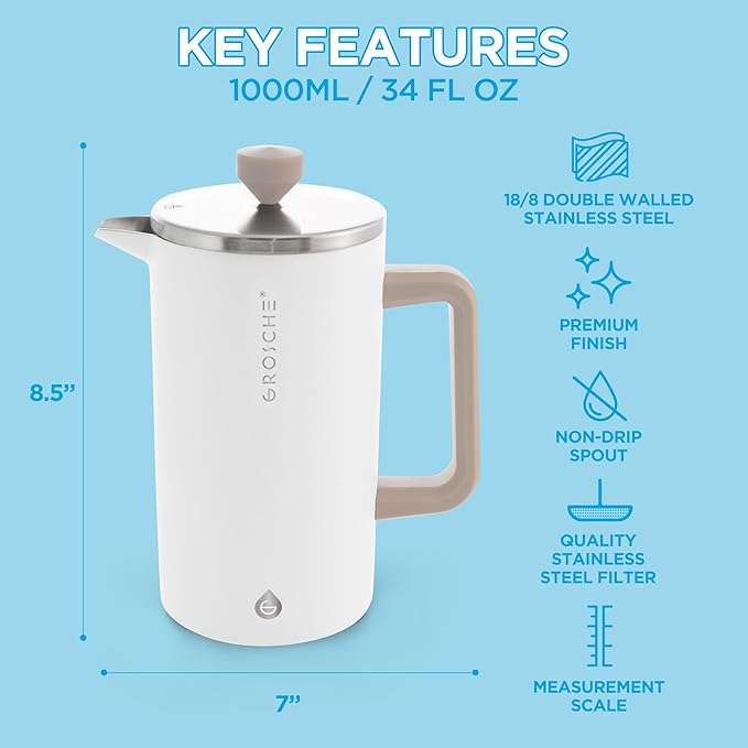 GROSCHE Dub'lin Stainless Steel Coffee Maker French Press 8 Cup | 34 FL Oz Coffee Press, 18/8 Double Walled Stainless Steel French Press Coffee Maker - Hot/Cold Brew | Stainless French Press - WHITE
