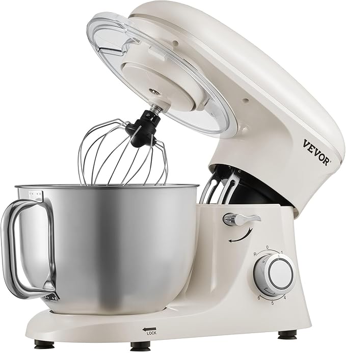 VEVOR Stand Mixer, 6 QT Dough Mixer, 660W 6 + P Speeds Tilt-head Food Mixer with Stainless Steel Bowl, Dough Hook, Wire Whip, Flat Beater, Scraper, Household Stand Mixer for Baking & Mixing, White