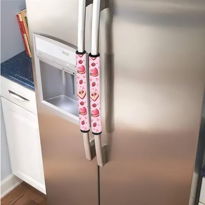 Cute Fridge Door Handle Covers Pack of 6 Kitchen Appliance Decor Handles Waterproof Door Cloth Protector for Refrigerator Cabinet Dishwasher, Berry Love Heart Shaped Cake Pink