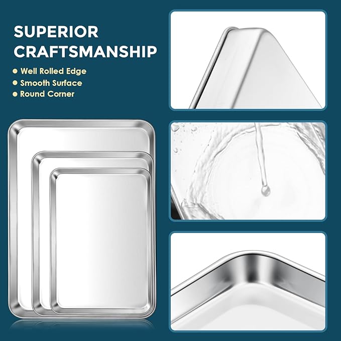 E-far Stainless Steel Baking Sheet Set of 3, 12.4”/10.5” /9.4” Cookie Sheet for Oven, Rimmed Metal Tray for Cooking Baking Bacon, Non-toxic & Dishwasher Safe