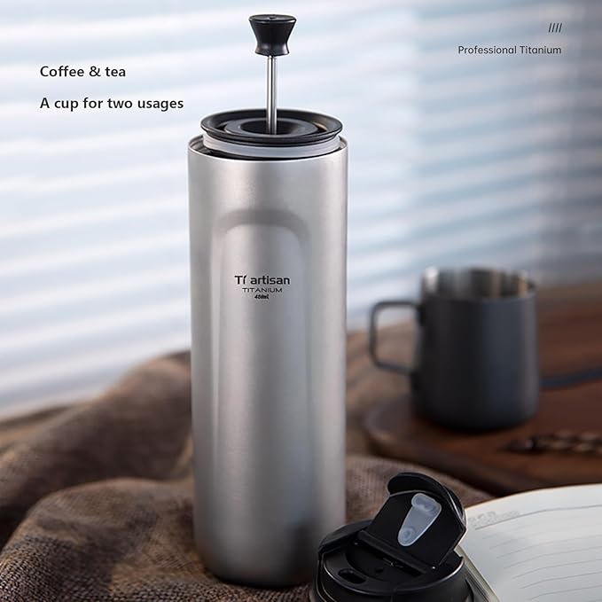 Titanium Water Bottle French Press Pot Milk Frother Coffee maker Coffee cups 16.23fl oz | Double Layer Thermal Insulation | Leakproof & Packable for Travel & Sports | (Grey)