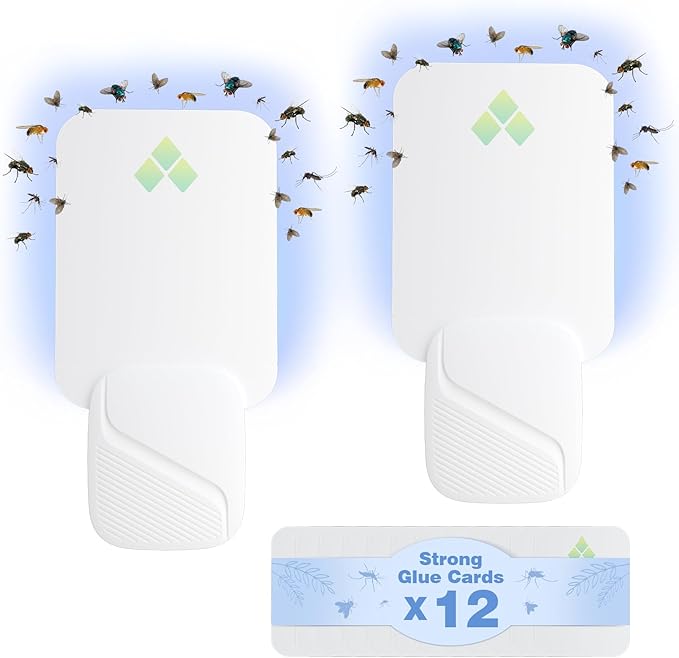 Fly Trap Indoor, Fruit Fly Traps for Indoors, 2 Devices 12 Glue Cards, Two Modes Protect 400 Sq Ft for Home, Fly Catcher Trap for Fruit Flies, Gnats, Mosquito, Flies, Moths, and Other Flying Insects