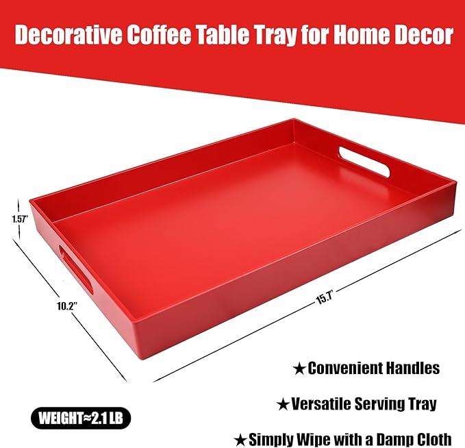 Red Serving Tray for Coffee Table, Rectangular Plastic Decorative Tray with Handles for Entertaining, Outdoor Patio, Living Room, Ottoman, Bathroom Counter, 11.8”*15.7”*1.6”