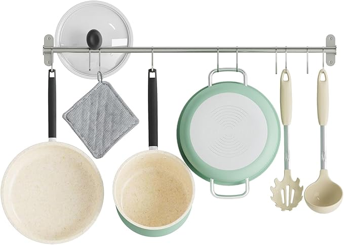 Wallniture Lyon 31.5" Wall Mount Kitchen Utensil Holder With 10 S Hooks For Hanging Pots and Pans Set