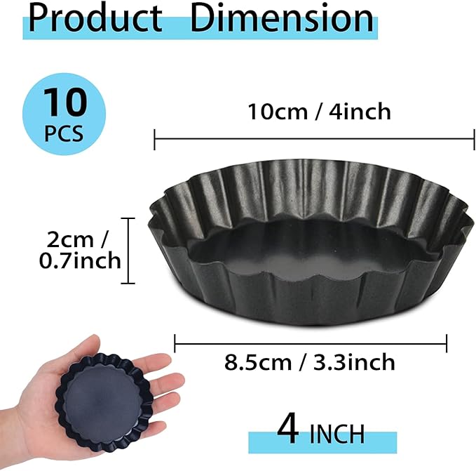 Mini Tart Pans with Removable Bottom 4 inch Set of 10, Non-stick Round Quiche Pan Heavy Duty Carbon Steel for Mousse Cakes, Christmas Dessert Baking with Silicone Scrubber