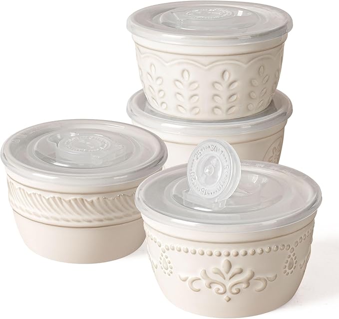 Artena Ramekins with Lids, Creme Brulee Ramekins Oven Safe, Ceramic Pudding Cups, Souffle Cups, Custard Cups, Dipping Sauce Cups, Food Storage Containers with Lids, Set of 4 (Multiple Patterns, 4 oz)