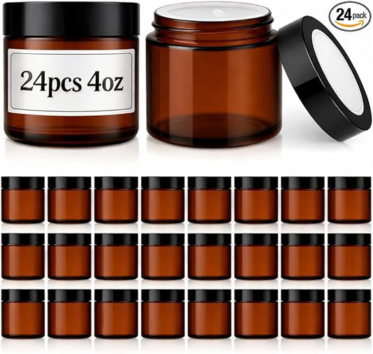 Bumobum 24 Pack 4 oz Amber Glass Jars with Lids, Small Glass Cosmetic Jars with Inner Liners, 120ml Round Empty Sample Containers for Cream, Lotions and Body Scrub