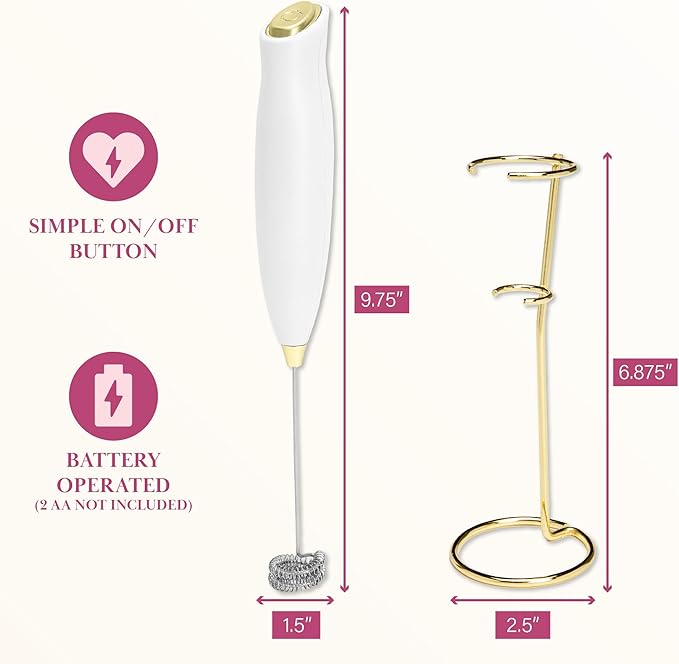 Paris Hilton Electric Handheld Milk Frother with Double Coil Head Whisk and Gold Metal Stand, Battery Powered (2 AA Batteries Required but Not Included), White