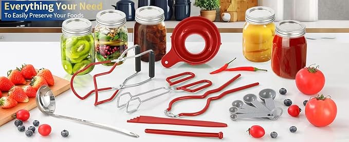 Canning Supplies Starter Kit,Canning Kit for Beginners of 9 with Jar Lifter，Wide Mouth Funnel,Wrench,Tongs,Lid Lifter,Bubble Popper,Canning Labels,ladle,Measuring spoon-Red