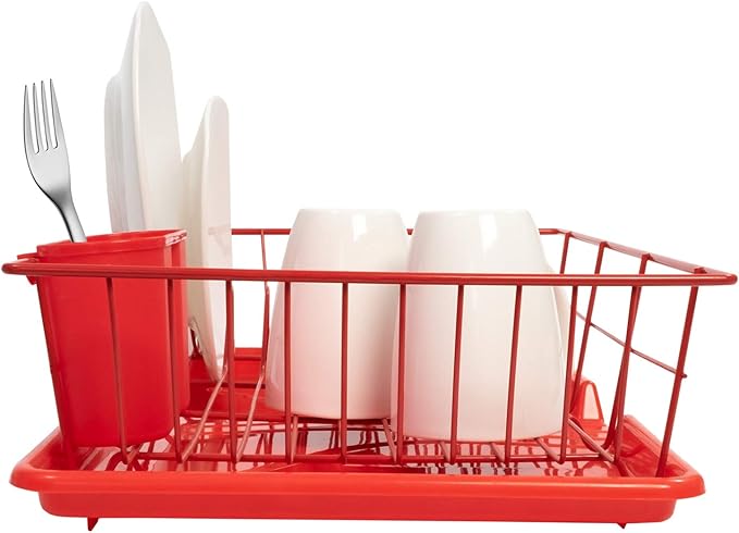 Sweet Home Collection 3 Piece Metal Dish Drainer Rack Set with Drying Board and Utensil Holder, 12" x 19" x 5", Red
