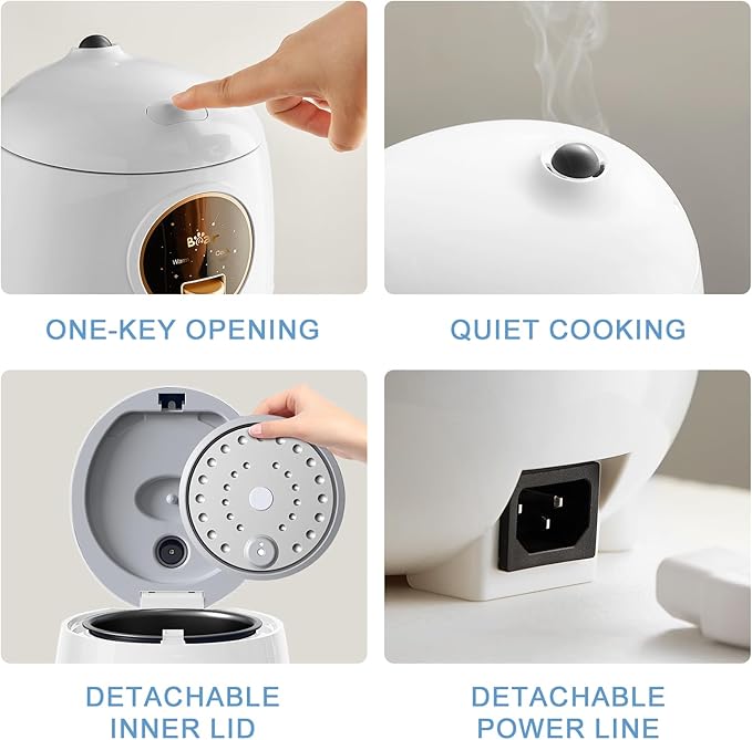 Bear Mini Rice Cooker 2 Cups Uncooked, 1.2L Portable Non-Stick Small Travel Rice Cooker, BPA Free, One Button to Cook and Keep Warm Function, White