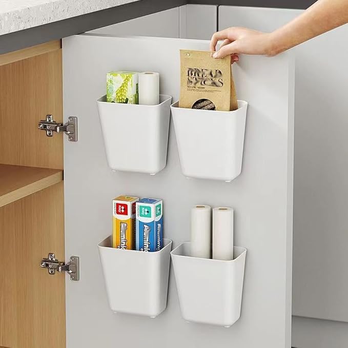 4 Piece Kitchen Cabinet Door Storage Box,Self Adhesive Wall Mounted Storage Box,Wardrobe/Bathroom/Refrigerator Small Items Organizer