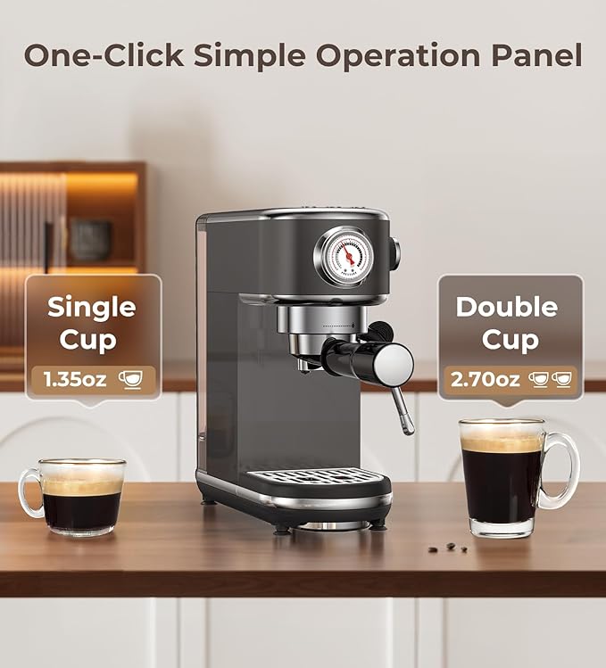 atatix 20 Bar Espresso Machine with Milk Frother, Compact Espresso Maker, Stainless Steel Coffee Machine with Precise Temp Control & 44oz Removable Water Tank for Latte, Cappuccino, Dark Grey