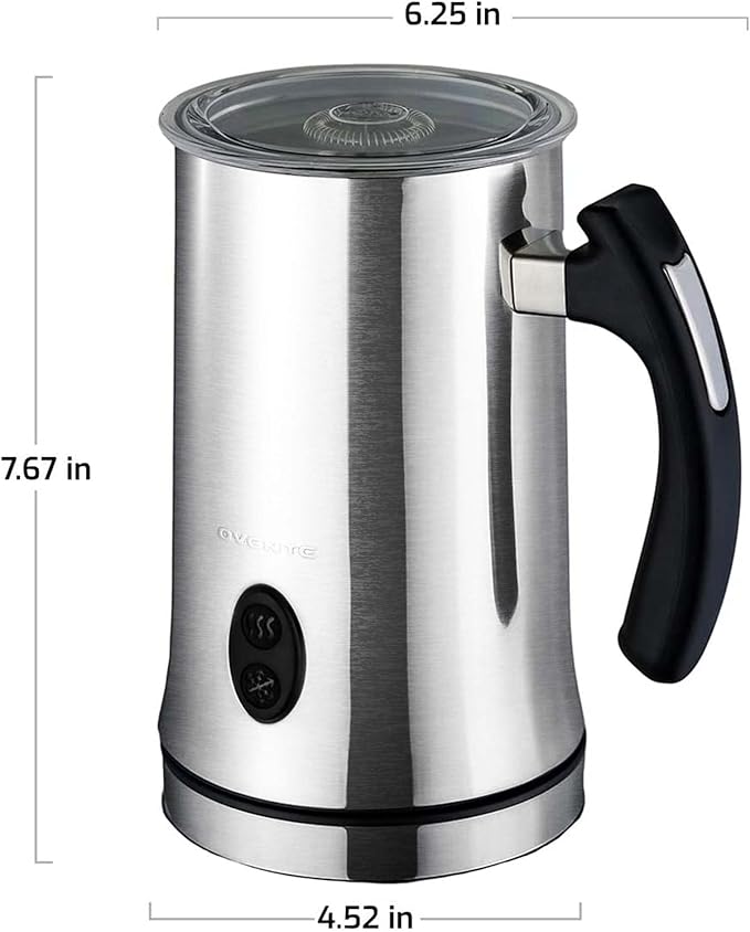 Ovente Electric Double Wall Insulated Milk Frother with 5 Ounce Frothing and 10 Ounce Heating Capacity, Hot or Cold Froth Function Available for Hot Latte, Cappuccino, and More, Silver FR4810BR