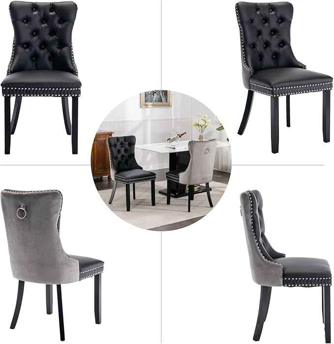 Dining Chairs Set of 6, Upholstered Dining Room Chairs with Back Ring Pull Trim and Solid Wood Legs, Modern Tufted Kitchen Chairs Perfect for Dining Room, Black Pu Leather Splicing Grey Velvet