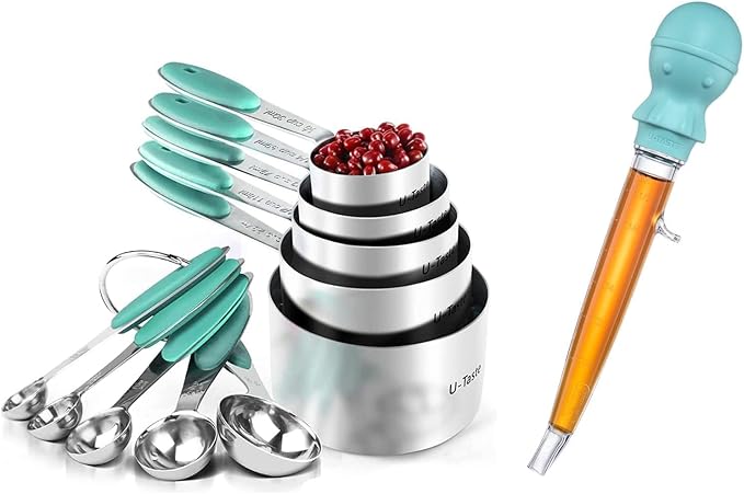 U-Taste 18/8 Stainless Steel Measuring Cups and Spoons Set of 10 Piece, Upgraded Thickness Handle and 1.5oz Heat Resistant Angled Turkey Baster with Cleaning Brush for Cooking Basting (Aqua Sky)