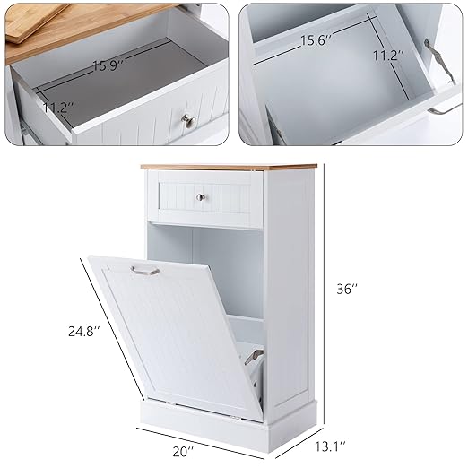 Gitua Tilt Out Trash Cabinet, Freestanding Wooden Kitchen Trash Recycling Cabinet with Drawer & Removable Cutting Board, Dog Proof Trash Can Cabinet, White
