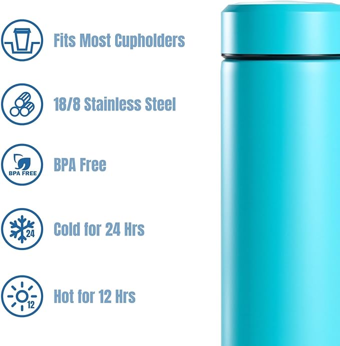 PARACITY Insulated Water Bottle, 15 oz Stainless Steel Water Bottles for Double Wall Vacuum Hot Drinks, Metal Water Bottle Keeps Hot for 12 Hrs, Cold for 24 Hrs, for Coffee, Tea (light blue)
