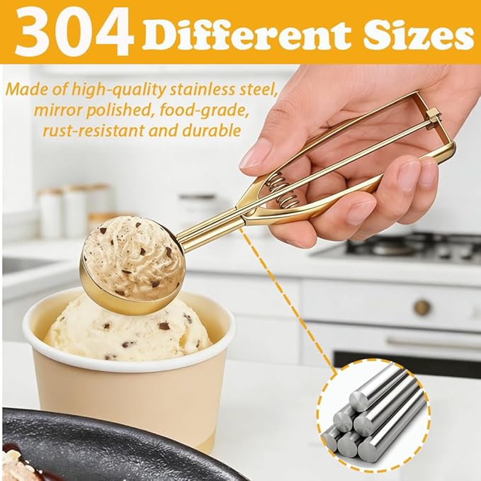 Gold Ice Cream Scoop Stainless Steel Cookie Scoops for Baking Melon Baller with Trigger 3 Sizes (Rose Gold, L)