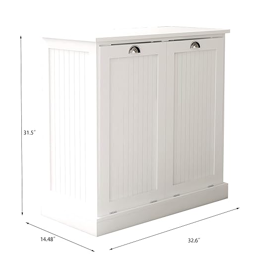 RASOO Double Tilt Out Trash Cabinet White Free Standing Laundry Sorter Cabinet with Removable Two-Compartment Tilt-Out Hamper Clothes Basket