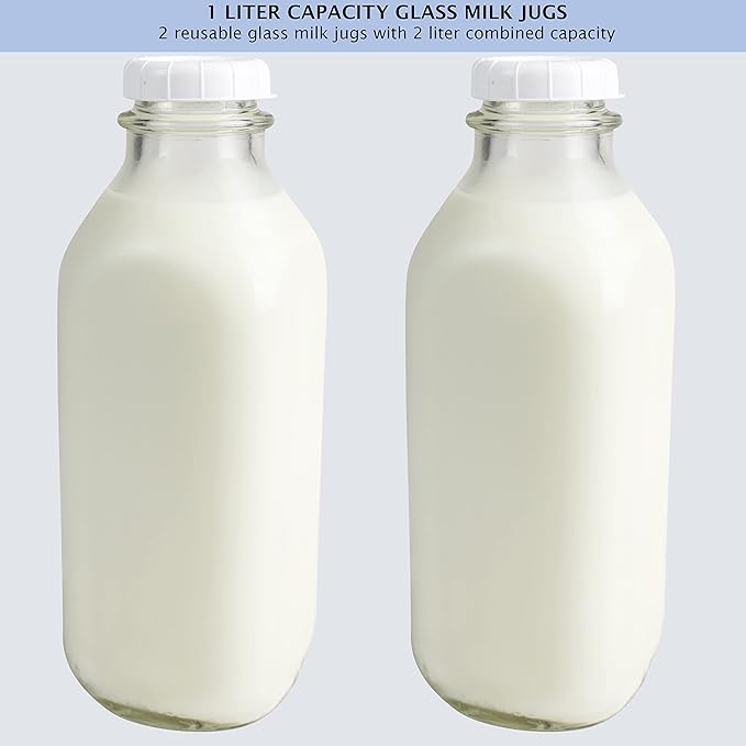 The Dairy Shoppe 1 Ltr. (33.8 oz.) Glass Milk Bottle Vintage Style with Cap & NEW Silicone Pour Spouts! (2 Pack)