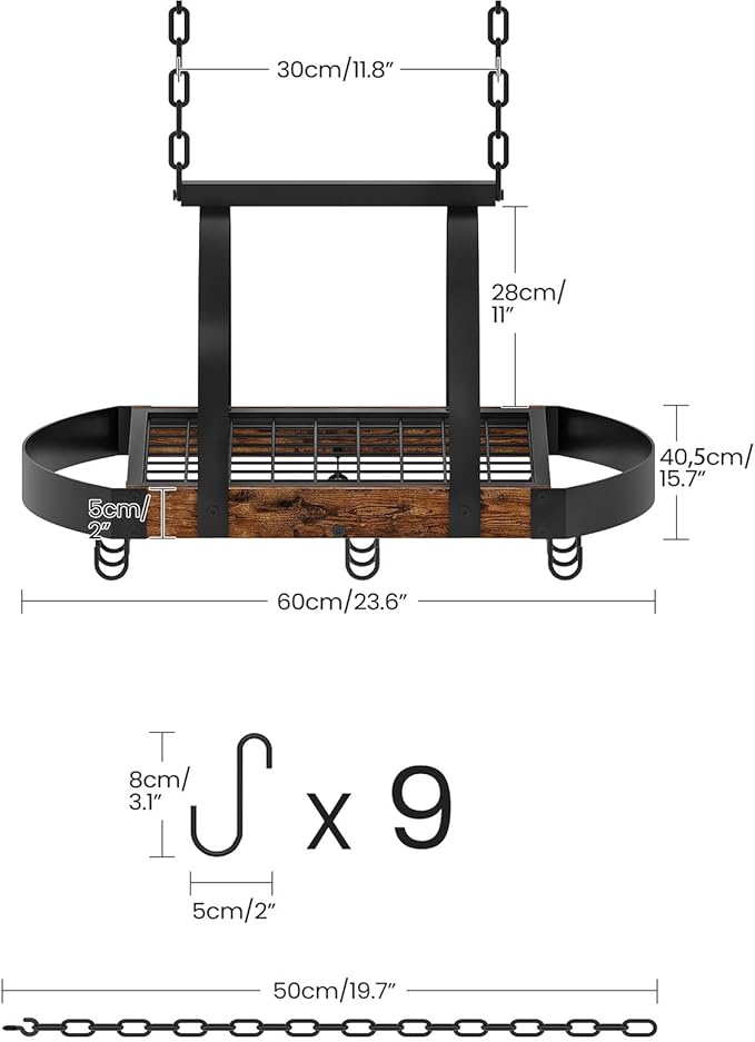 CHOEZON Hanging Pot Rack, Pot Hanger for Kitchen, Ceiling Mounted Pot Holder, Cookware Organizer with 9 S-Shaped Hooks, for Pot, Pan Storage, Space-Saving, Rustic Brown and Black TPR07BF