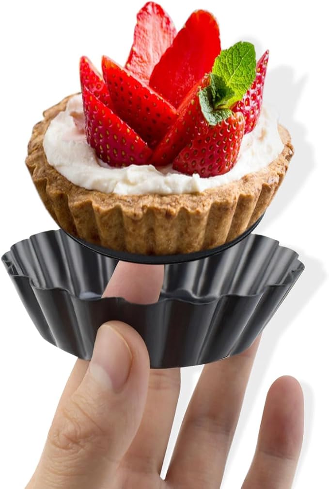 4 Pack Tart Pans Tortilla Pan Set Mini Tart Molds Carbon Steel Taco Shell for Baking 3 Inch Taco Salad Bowl Maker with Removable Bottom NonStick Tortilla Bowl Fluted Side for Quiche Cakes Pies (Black)