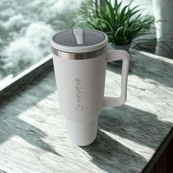 40oz Tumbler with Handle, Flip Straw, and Leak-Proof Lid – Stainless Steel Double Wall Insulated Travel Mug (Pure White)