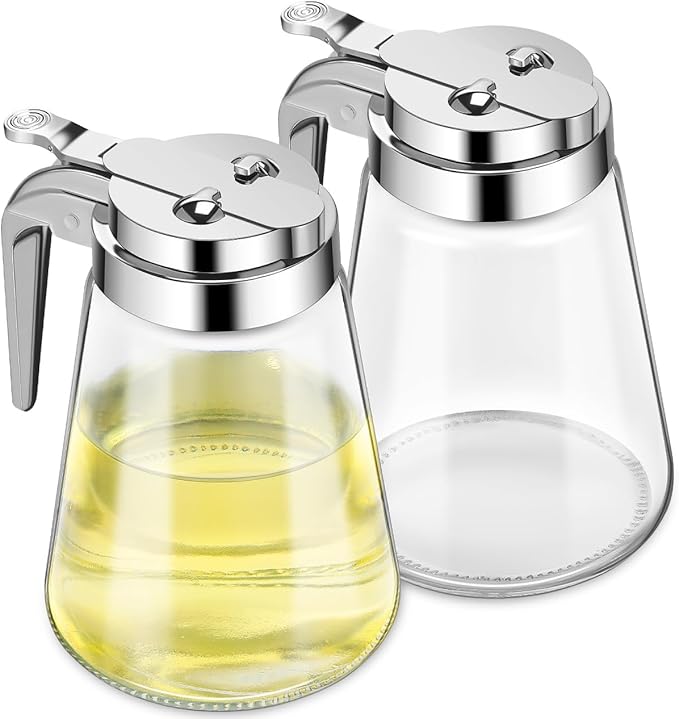 Luxshiny Glass Syrup Dispenser Set 2-Pack with Leak-Proof Metal Lids 10Oz Each for Honey Sugar Creamer and Condiments Kitchen Serving Bottles