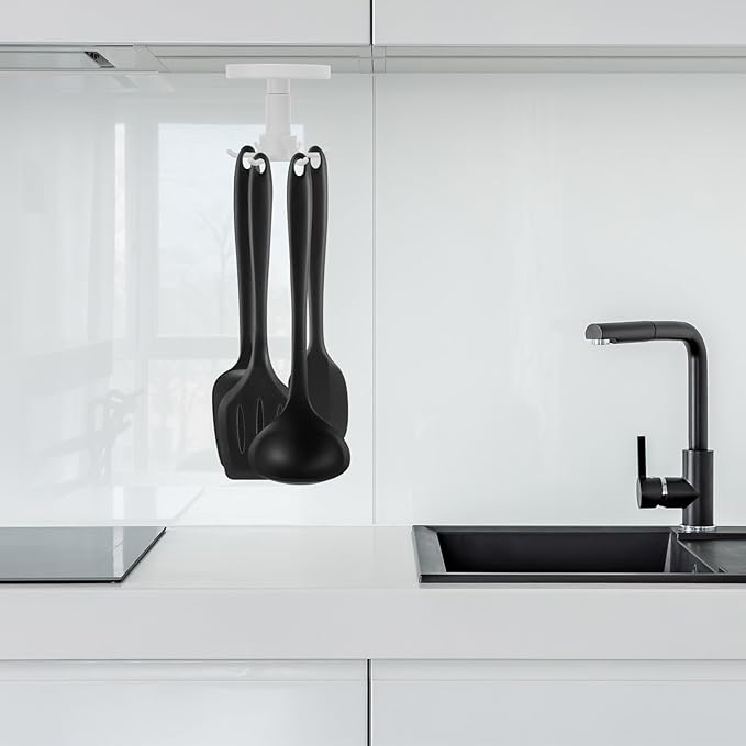 Baluue 2pcs Wall Mounted Kitchen Utensil Hooks with Strong Adhesive, 6-Claw Rotating Non-Punch Storage Hangers Under Cabinet Hanging and Multi-use Kitchen Organization