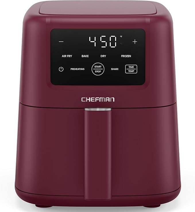 Chefman Air Fryer – 4-in-1 Slim 3.5 QT Airfryer, Air Fry, Bake, Dehydrate, Frozen, 450°F Max Temp for Extra Crispy Results in Minutes, Nonstick Ceramic Coating, Dishwasher-Safe Accessories - Red