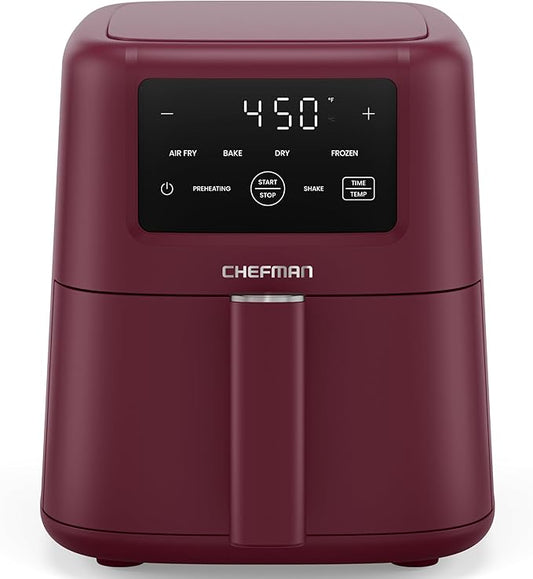 Chefman Air Fryer – 4-in-1 Slim 3.5 QT Airfryer, Air Fry, Bake, Dehydrate, Frozen, 450°F Max Temp for Extra Crispy Results in Minutes, Nonstick Ceramic Coating, Dishwasher-Safe Accessories - Red