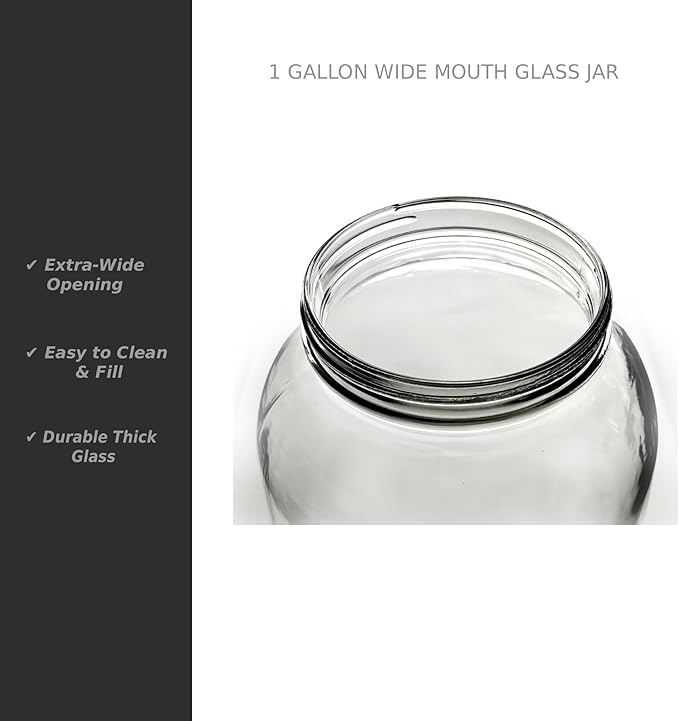 North Mountain Supply 1 Gallon Glass Jar Wide Mouth with Black Plastic Lid - USDA, BPA-Free, Made in the USA - for Fermenting, Storing, Canning, and Much More!