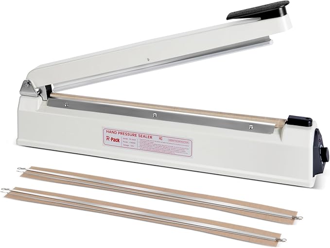 Impulse Heat Sealer with Hot Cutting Wire, Heavy-Duty Bag Sealing & Cutting Machine, 2 Extra Replacements, 8 Stalls Temperature Adjustment, White, 16-Inch