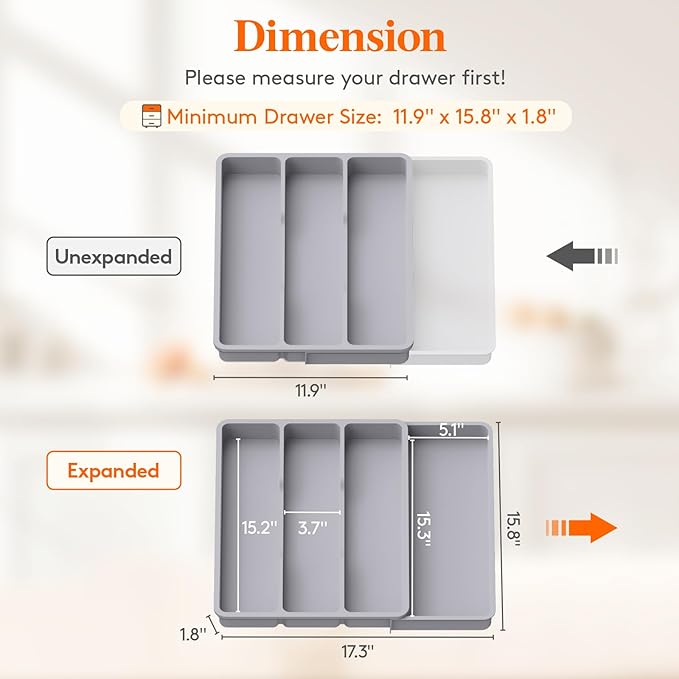 Lifewit Utensil Organizer for Kitchen Drawer, Expandable Cooking Silverware Tray, Adjustable Cutlery Flatware Holder, Plastic Spatula Tools Storage Divider, 17.3 x 15.8", Gray