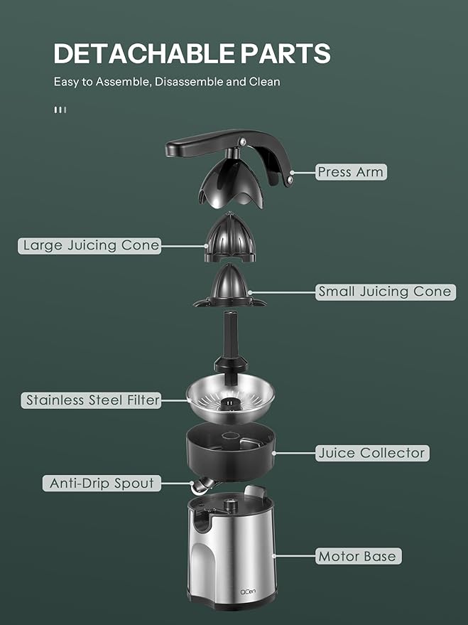 Professional Brushed Stainless Steel Electric Citrus Juicer, 2 Interchangeable Cones for Orange, Lemon & Grapefruit, Easy Clean, Durable Design & Effortless Operation