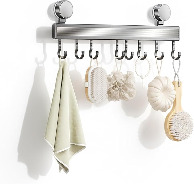 8 Hooks Aluminum Kitchen Rack, No Drilling Wall Mount, Strong Adjustable Suction Cup Hooks for Organizing Kitchen Utensils, Spatulas, Mugs, and Cutlery (Grey, 40cm)