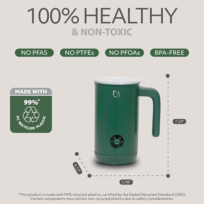 WILLOW Eco Series Milk Frother, 4 in 1 Milk Steamer, One Button Operation Hot and Cold Foam Maker 8.12oz/240ml Milk Warmer for Coffee & Latte, Made from 99% Recycled Plastics, Non-Toxic - GREEN