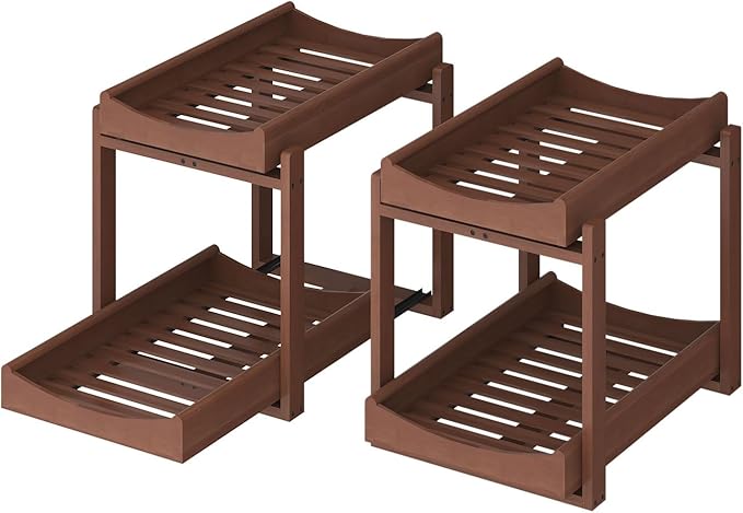 MHXW SXPN Bamboo Under Sink Organizer and Storage, Pull Out Cabinet Organization, 2 Tier Vertical Slide Out Undersink Storage Shelf, Organizer Shelves for Kitchen Bathroom Medicine (Brown, 2 Pack)