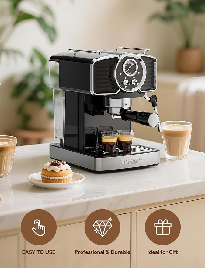 SUMSATY Espresso Machine 20 Bar Espresso Maker with Milk Frother Steam Wand, Professional Expresso Machine for Home Cappuccino & Latte Maker, Retro Coffee Maker with 61oz Water Tank, Black