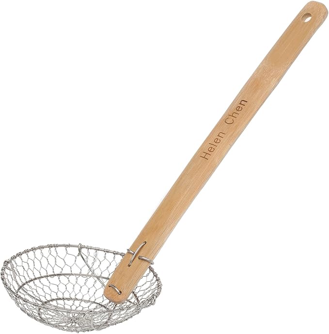 Helen’s Asian Kitchen Spider Strainer | 7-Inch Stainless Steel Wire Mesh Ladle with Sustainable Wood Handle for Large Batch Cooking and Frying