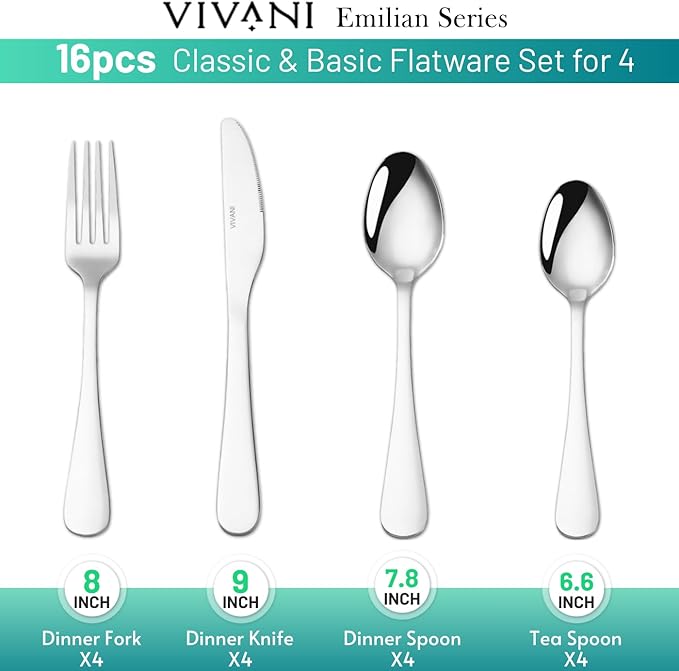 VIVANI 16 Piece Silverware Set for 4, Premium Stainless Steel Cutlery Set, Utensil Sets, Flatware Sets for 4, Forks Spoons and Knives Set Dishwasher Safe for Home Kitchen
